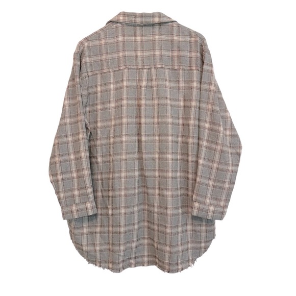 143 Story Women's Medium Grey Plaid Raw Hem Cotton Casual Button-Up Tunic Shirt - Picture 4 of 4